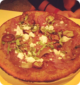 Funghi Socca (truffled mushroom puree, sauteed mushrooms, caramelized onions & goat cheese)