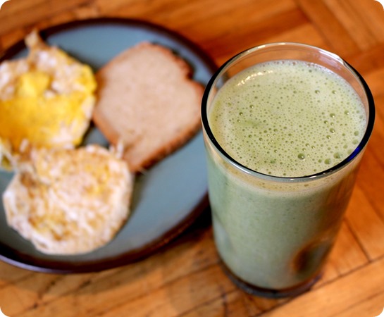 green smoothie, eggs, brown rice bread